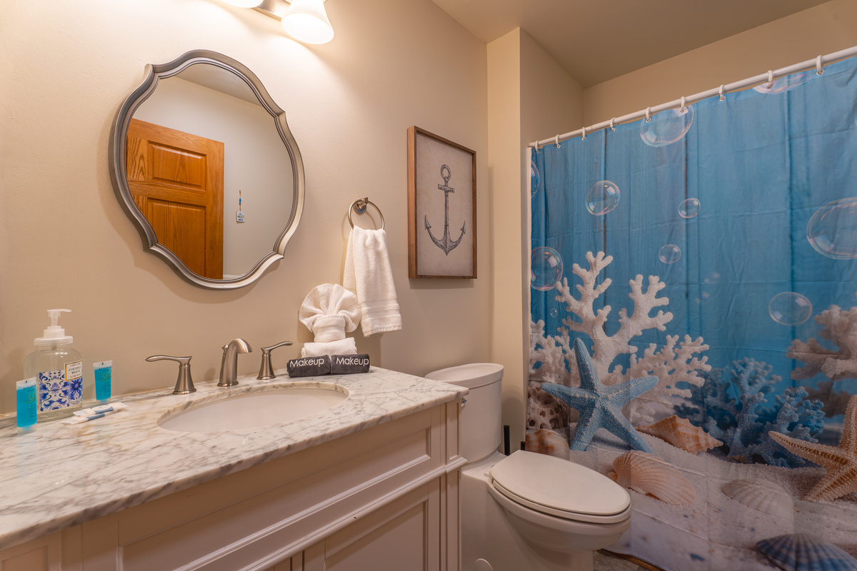 Second full barthroom on the main level: bright, clean, and fully stocked. Luxury towels and bath essentials provided - travel light and arrive ready