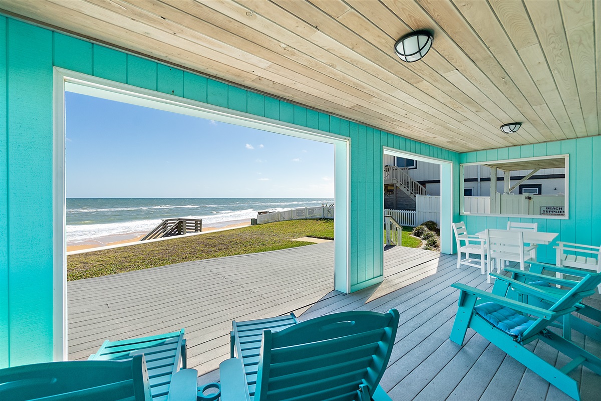 Covered patio with dining and lounge seating