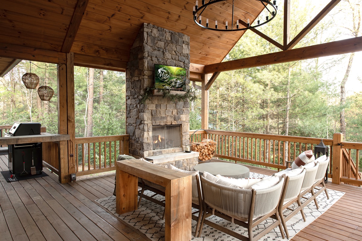 This deck has it all: a fireplace, a TV, and plenty of space to kick back whether you're in full relax mode or cheering on the game.