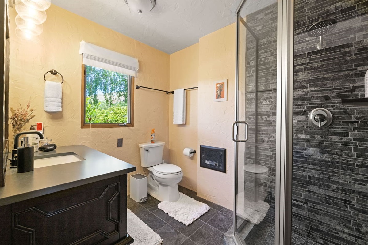 Guest bathroom, slate tile floors and shower