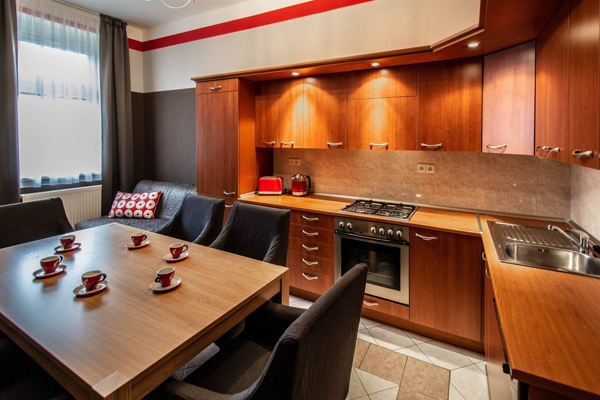 In kitchen you will have: an  oven, stove, toaster, kettle, fridge, coffee maker, microvawe, dishwasher and all needed cutlery. Everything you need to cook your meal.