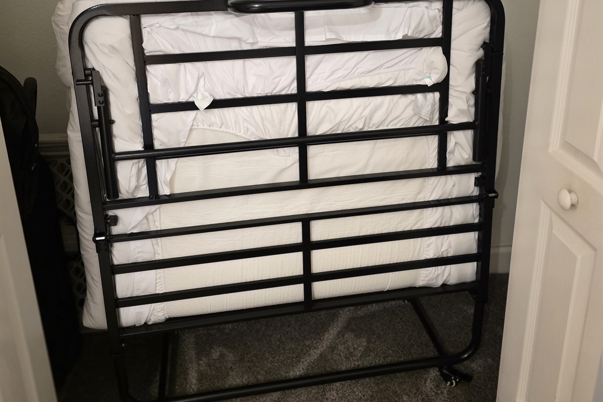 A roll away bed is provided in the downstairs bedroom closet if you need to sleep an extra person.