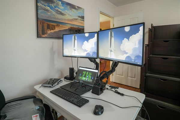 Bunk Bed, Work Station with Dual Monitor Display, Universal Dock, Keyboard, Mouse, Bluetooth Headset