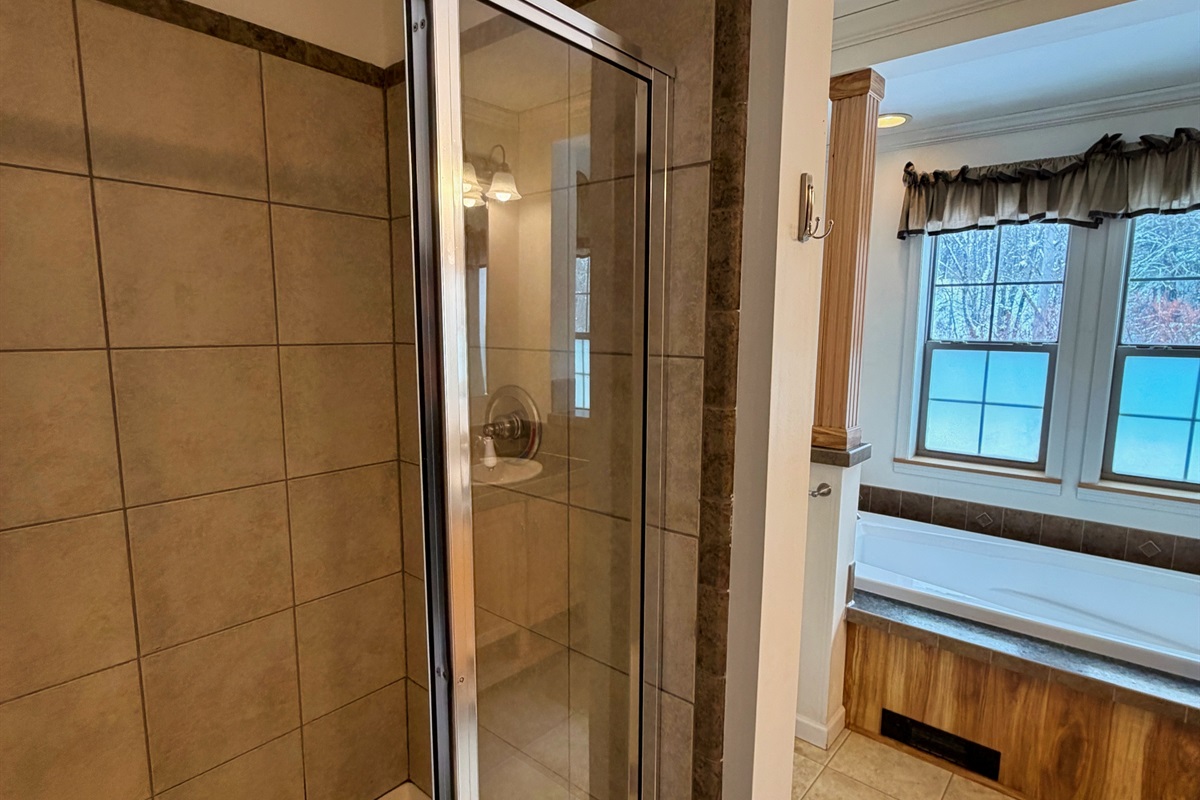 Primary bathroom with jetted tub and shower.