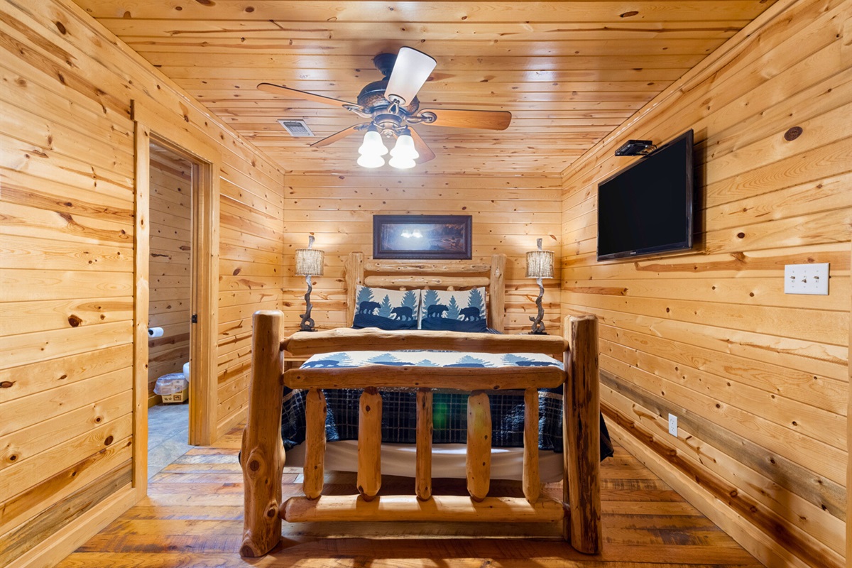Queen bed, TV, and rustic charm