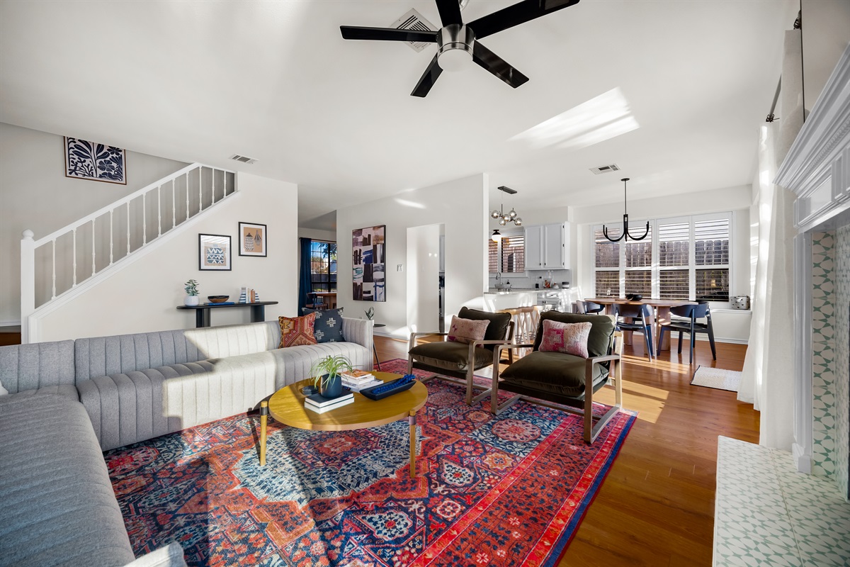 A full view of the relaxed living-kitchen space.