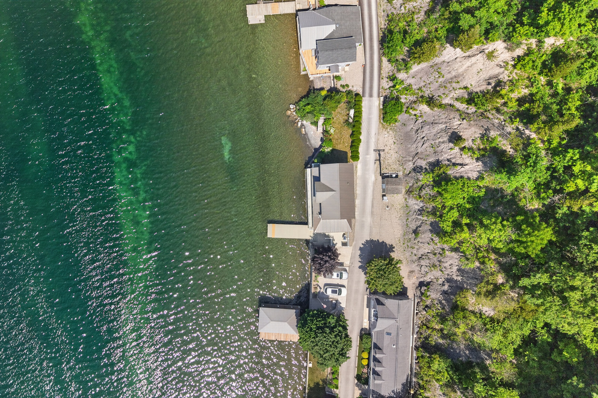 Narrow lakeside property viewed from above