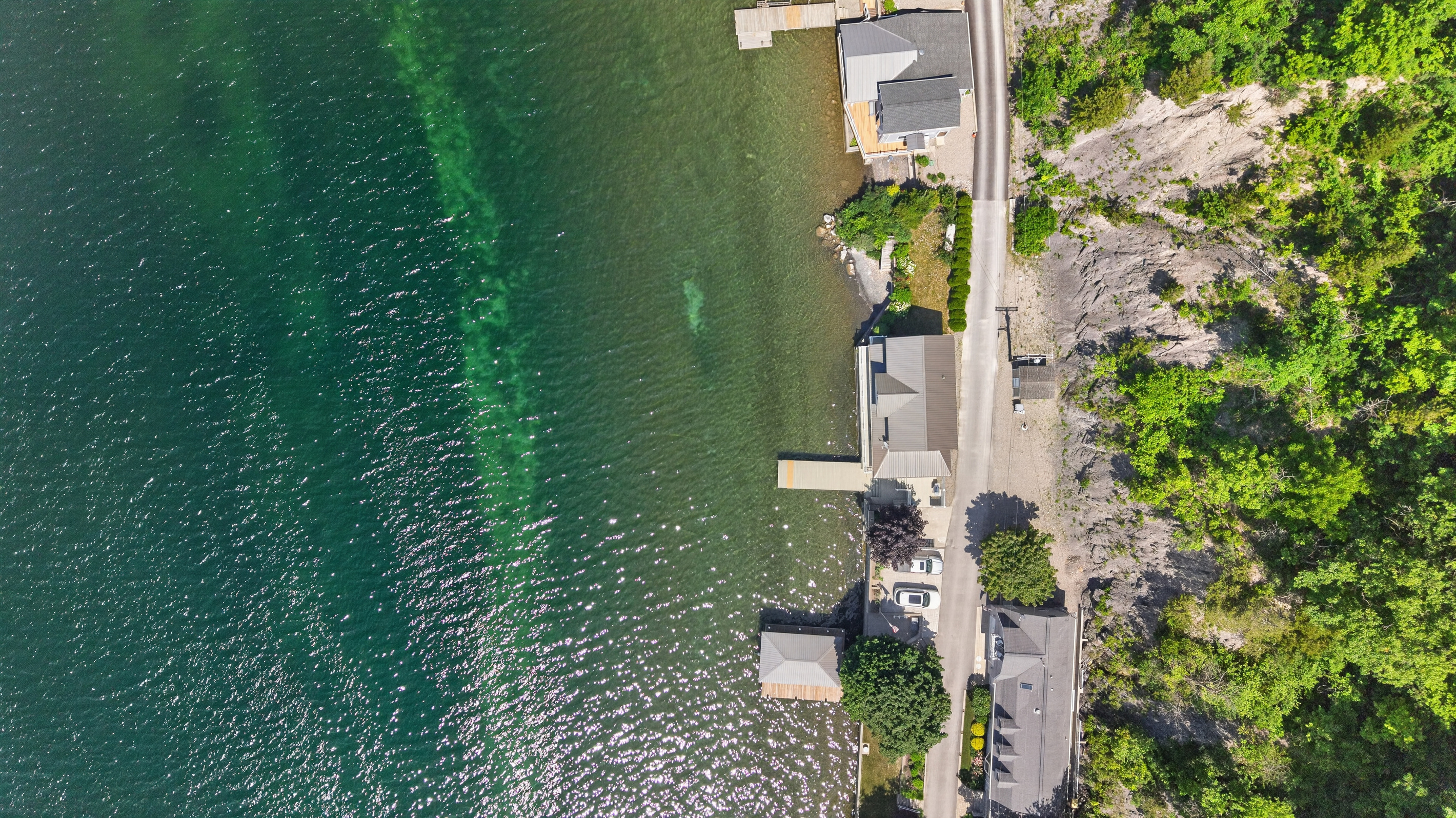 Narrow lakeside property viewed from above
