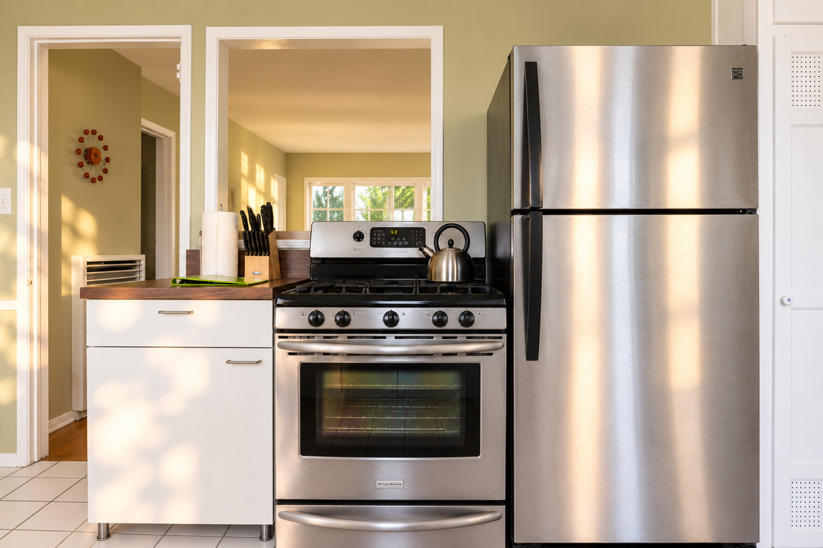 The kitchen cooking area pairs a stainless-steel gas range and oven with a full-size refrigerator. White cabinetry and wood countertops frame the appliances, while the open doorway offers a view through to the sunlit living room.