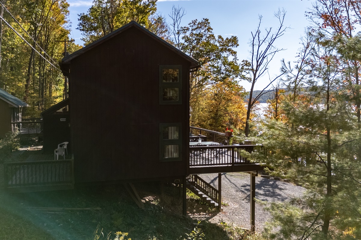 Night/darker exterior view of cabin amid trees — serene woodland vibe.