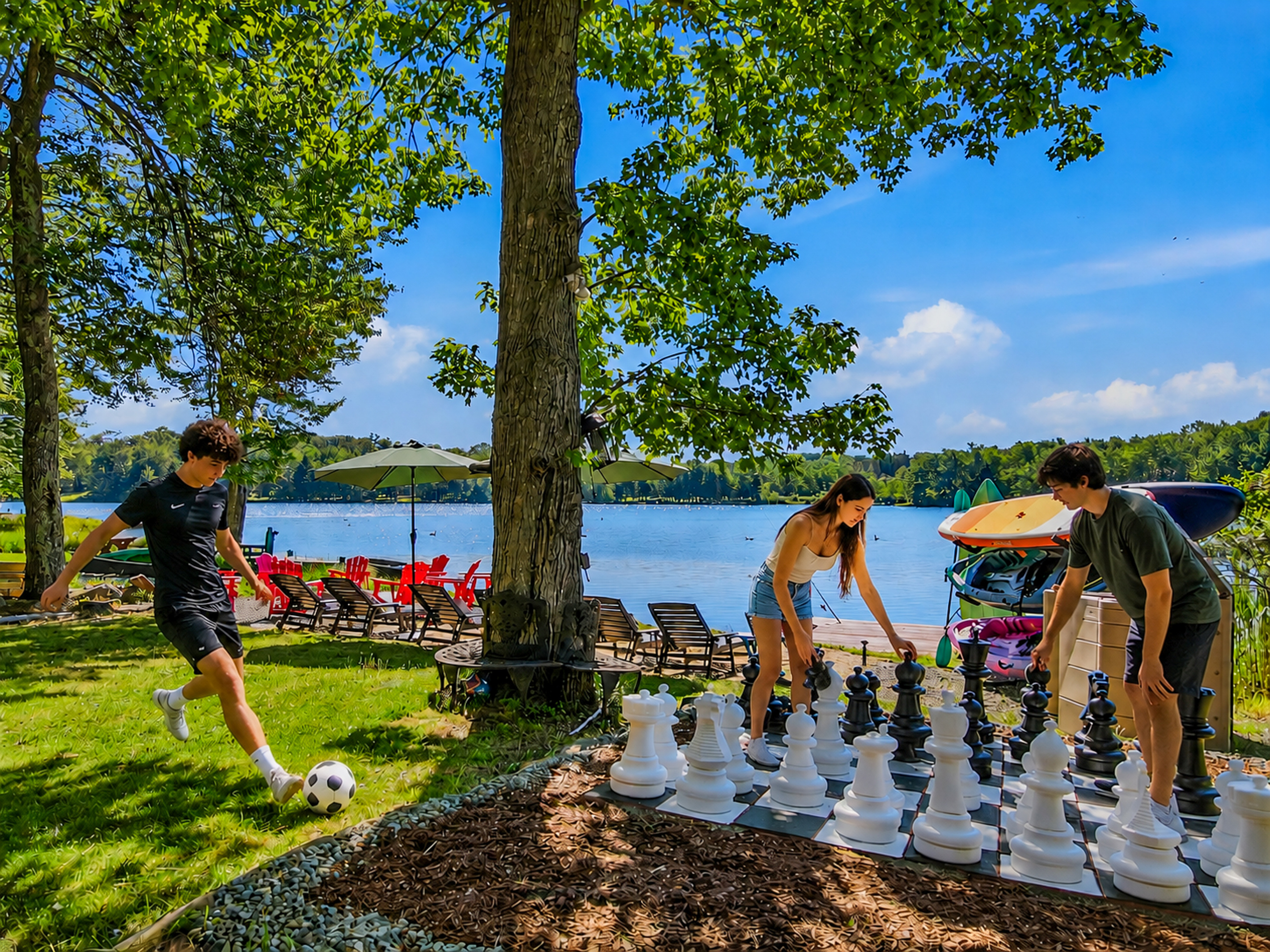 Guests playing giant chess on the lakefront lawn — one of the many ways to spend an afternoon here
