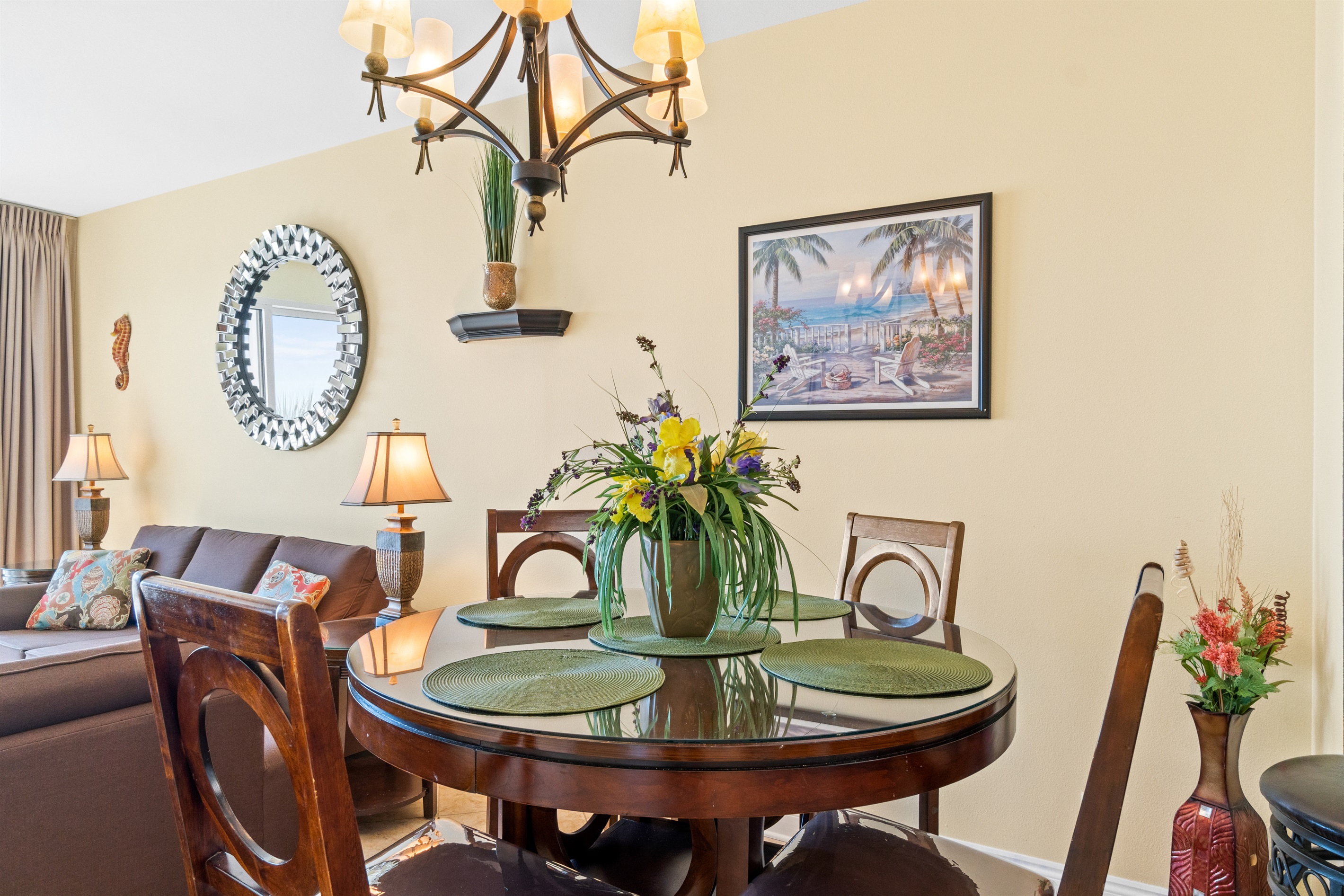 Dining room table plus seating at the bear