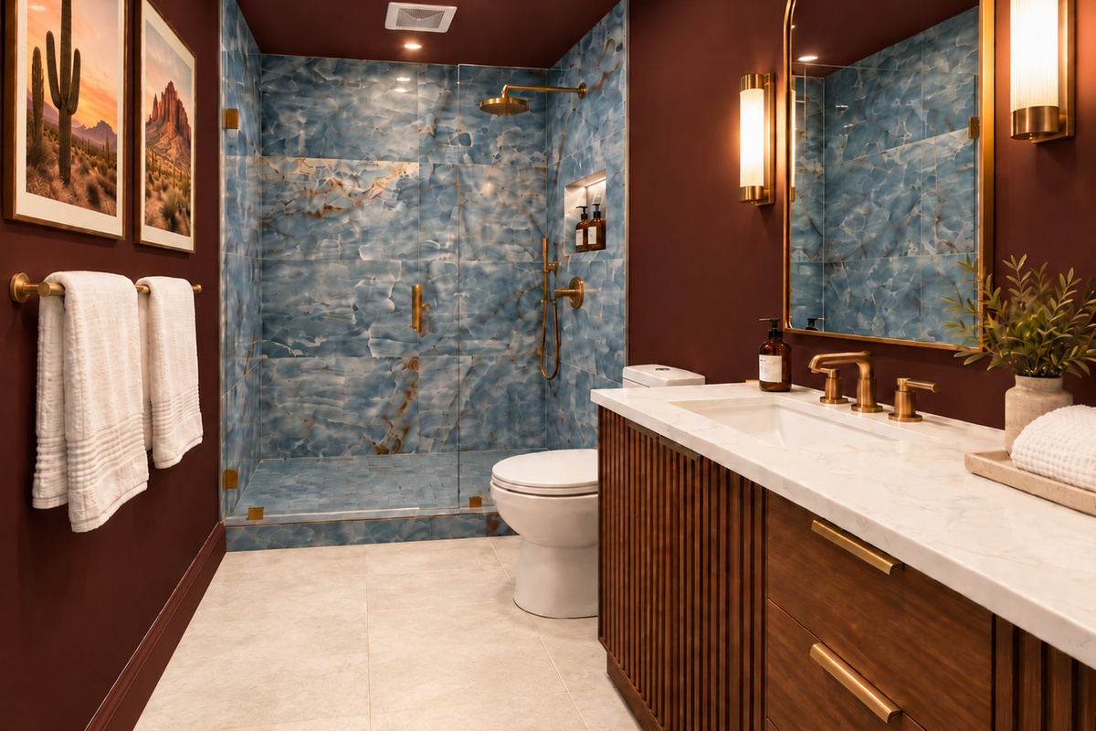 {Bathroom 2} A bold Scottsdale-inspired bath with double vanity, warm brass finishes, custom desert art, and a striking blue-tiled walk-in shower.