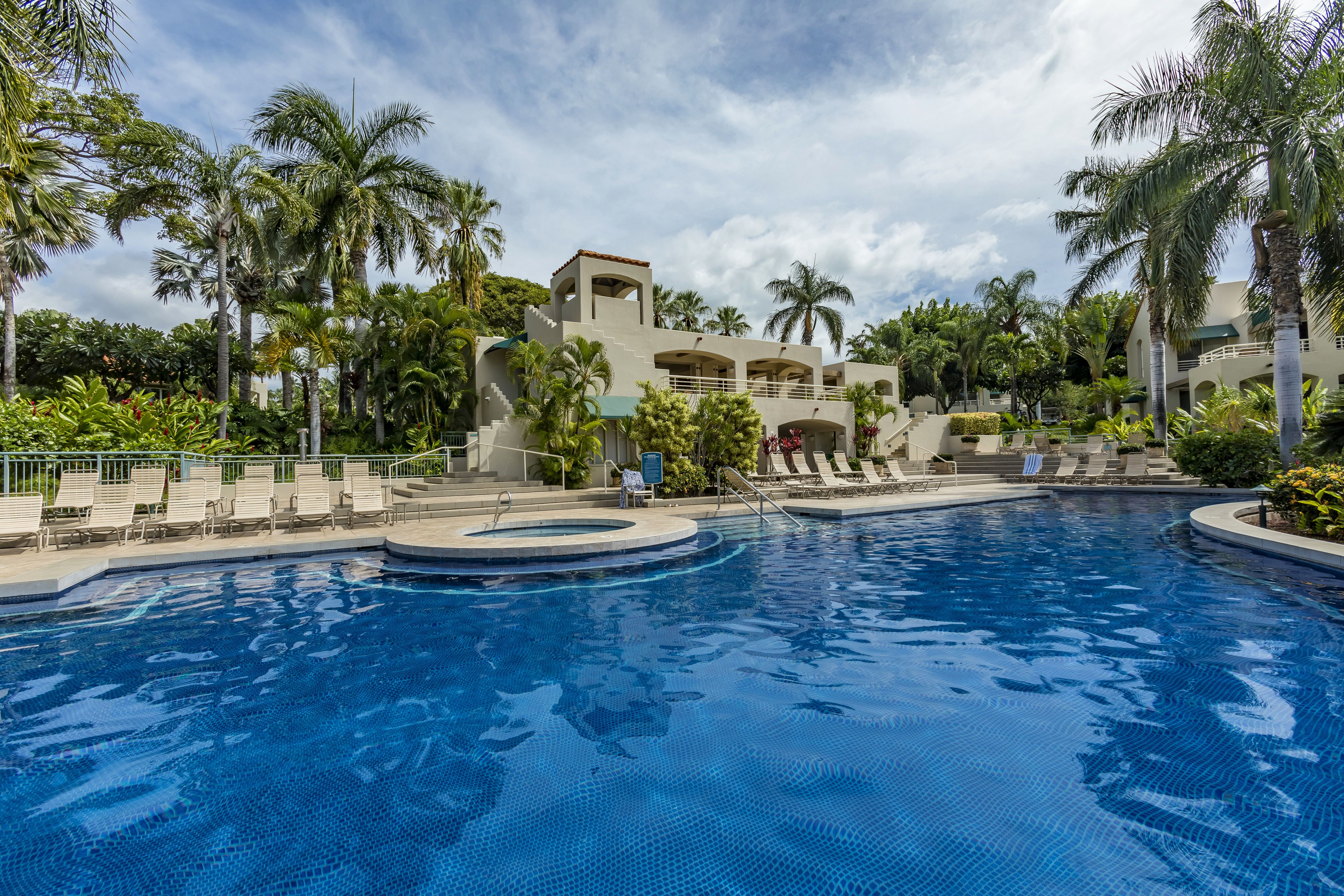 Looking from the pool up at the club house