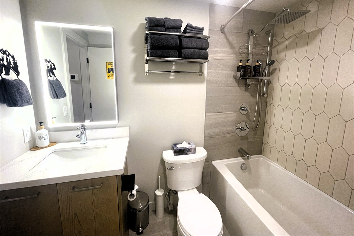 Large tub and a rain shower visible on the right, also a hand shower. Towels and pool towels provided. 