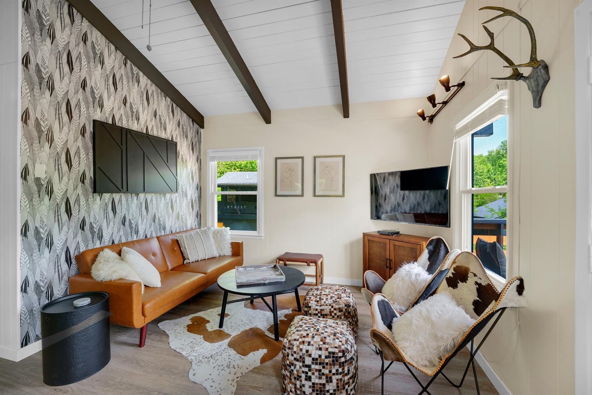 Living room with fold flat sleeper couch