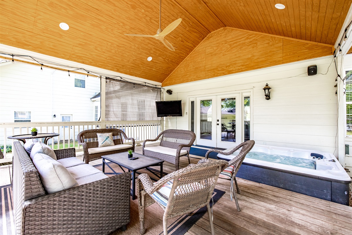Deck with seating, hot tub, TV