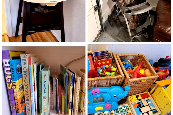There's plenty of stuff for the kids, including a highchair, a stroller, books, and bins of toys. 