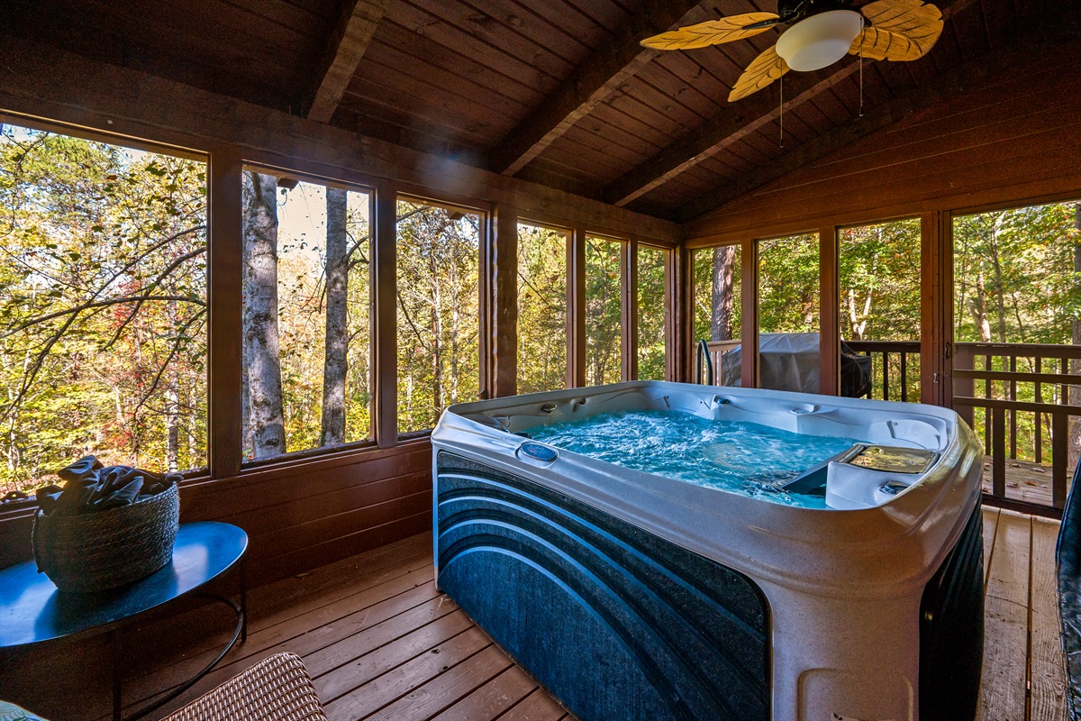Covered, Private, Screened in hot tub!