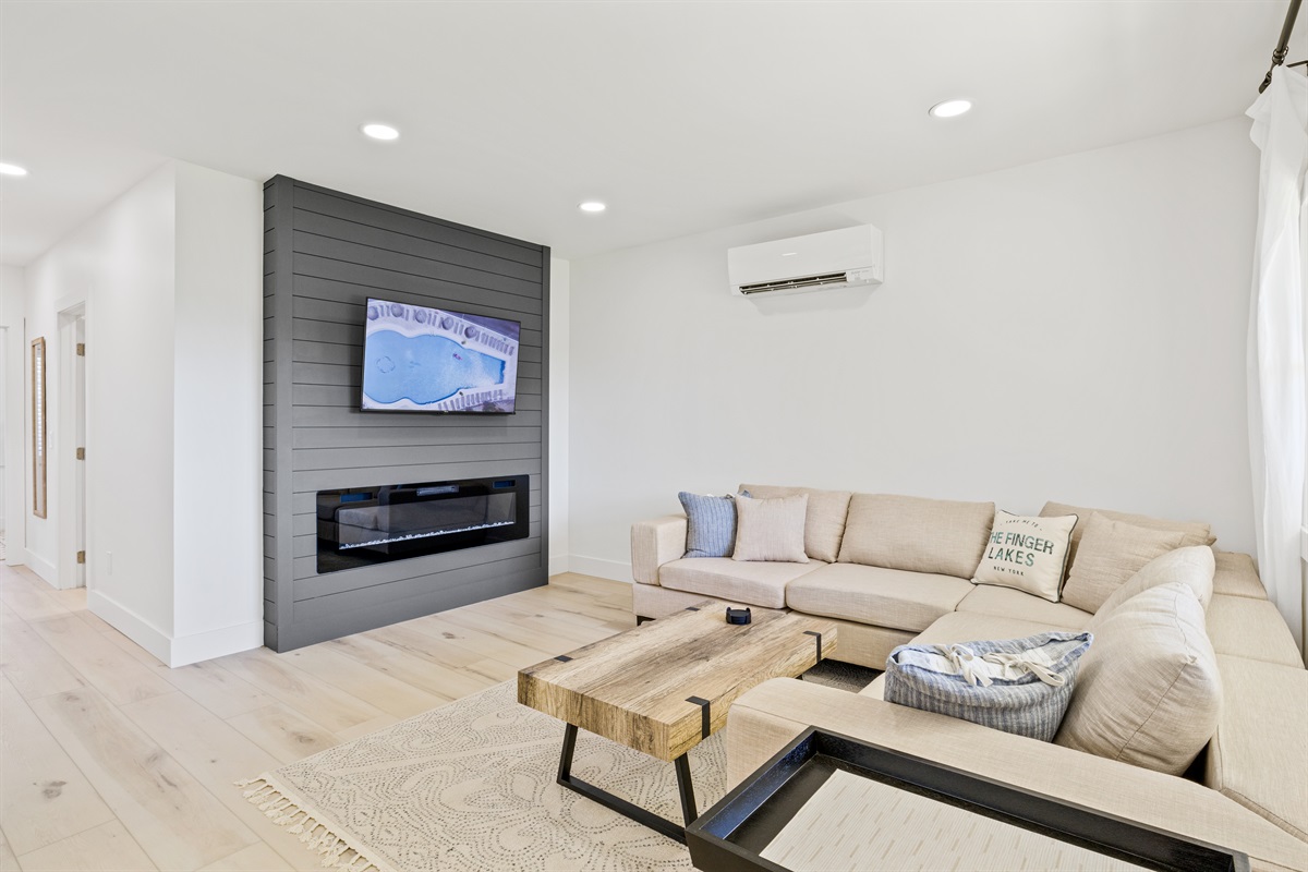 Sectional with cozy fireplace and Smart TV