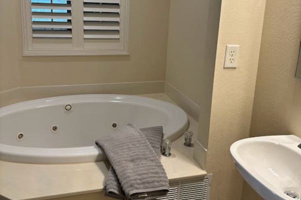 Bathroom featuring a relaxing soaking tub, pedestal sink, and bright natural light.