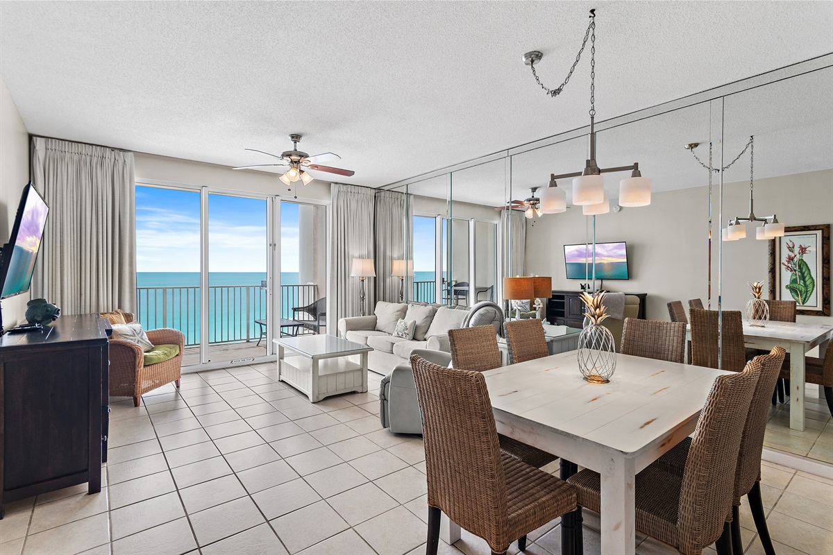 Living Space features Gulf Views, Seating for 6 in the living and dining rooms, and a fully-stocked kitchen with granite countertops