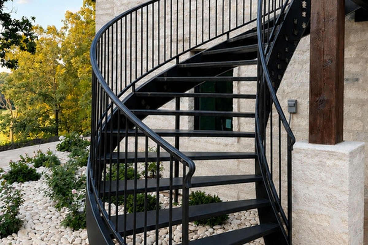 Staircase from balcony to the outdoor living space below
