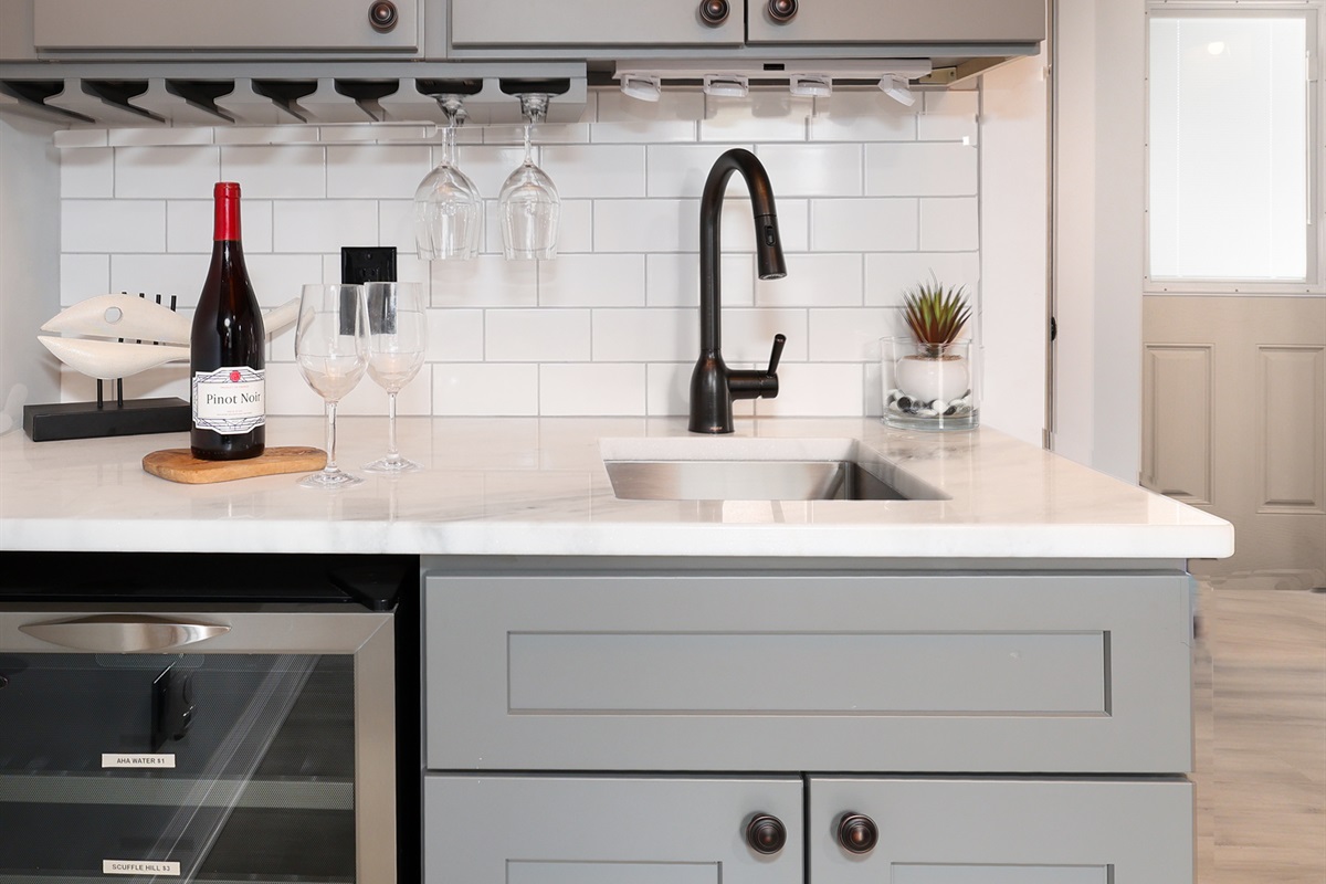 Wet bar with sink and beverage/wine refrigerator
