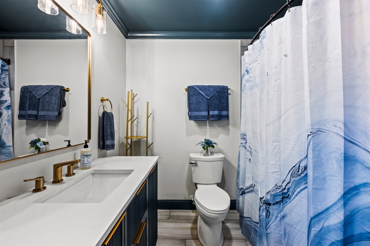 The family bathroom reflects the same modern, upscale aesthetic of the house.