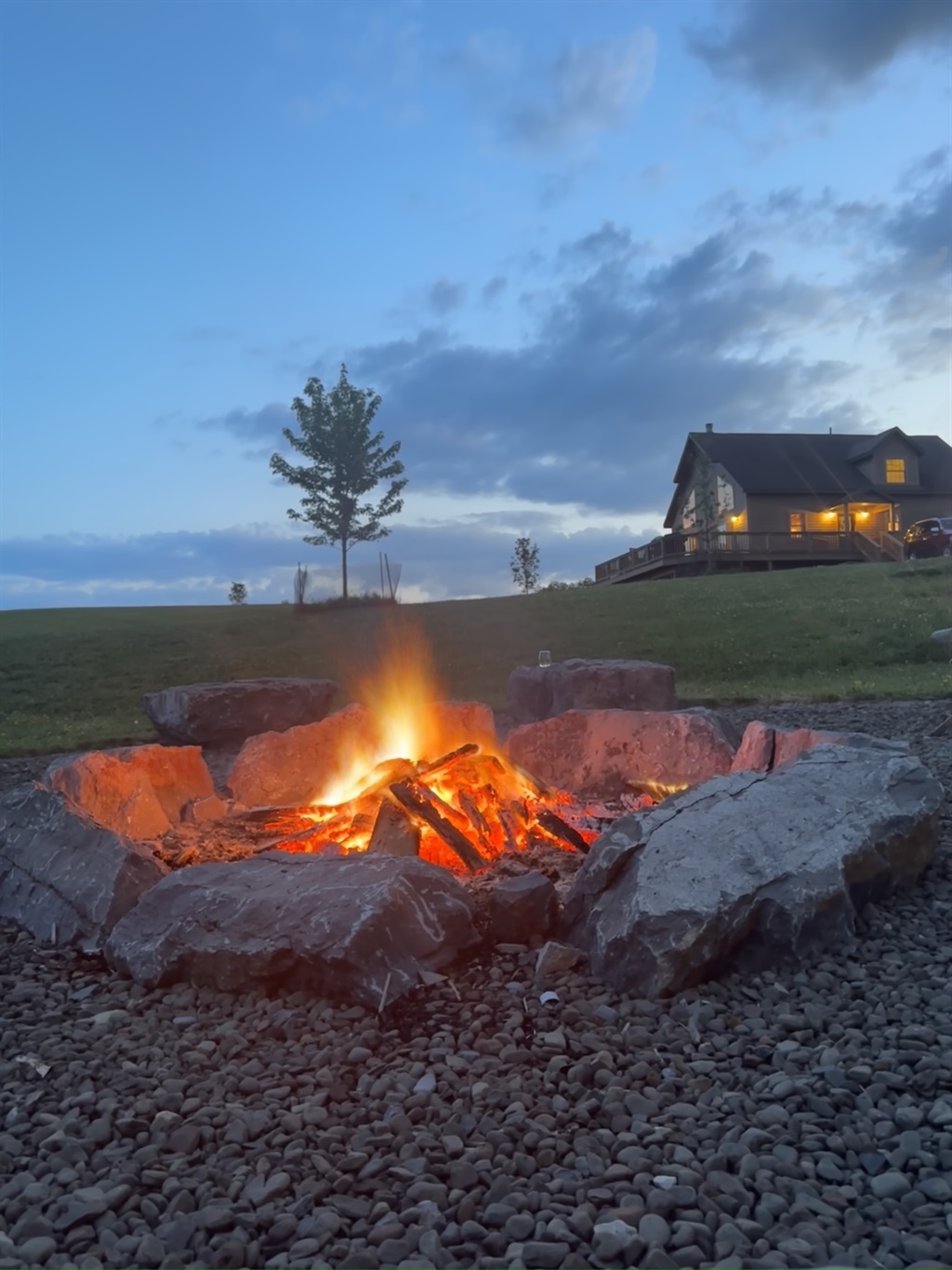 Firepit at dusk = stress dissolver!