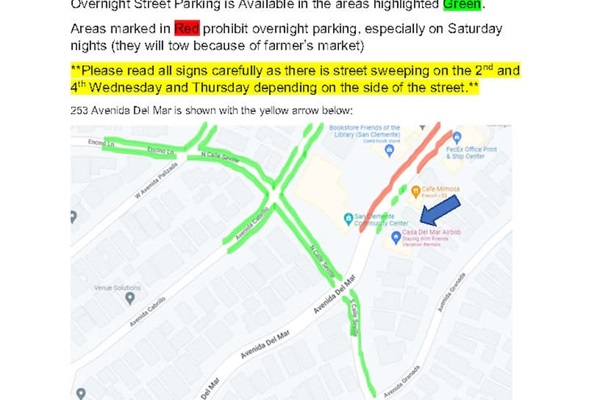 This condo has a dedicated driveway parking spot for one car.  If you plan to bring more than one car, overnight street parking is available nearby as shown in green above.