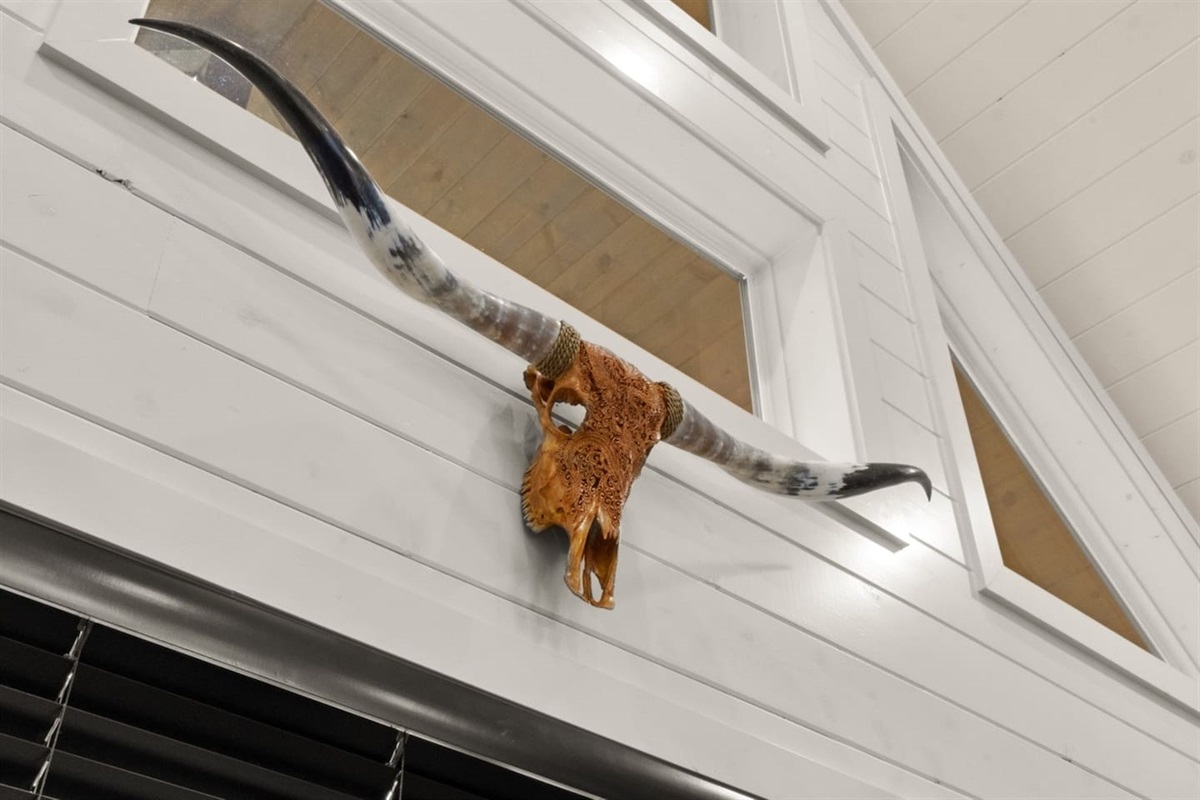 The centerpiece of the living room: an impressive animal skull with long horns, adding rustic charm and a hint of frontier spirit to your stay.