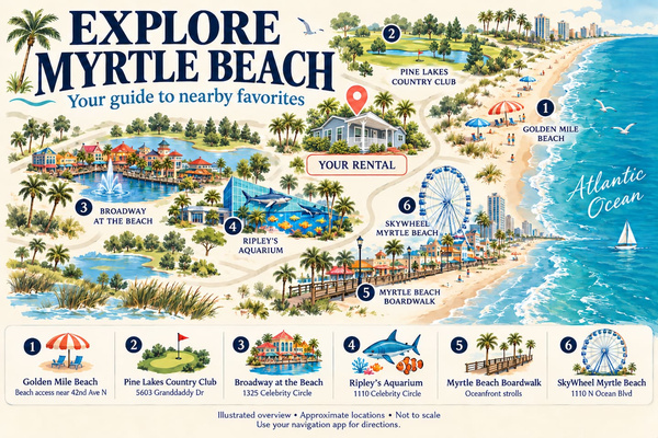Myrtle Beach Exploration Map: Discover nearby attractions, dining, and fun just steps away!
