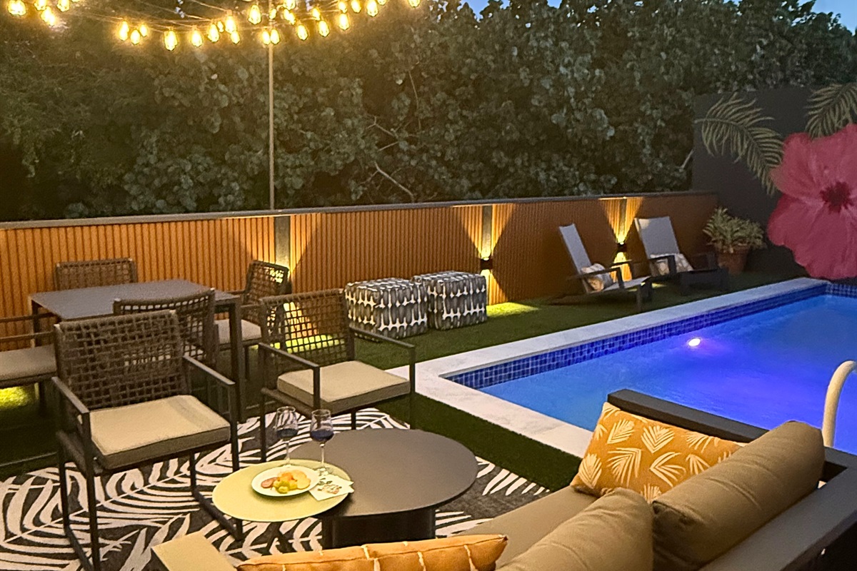 Once the sun sets, the patio transforms to a lovely evening retreat.