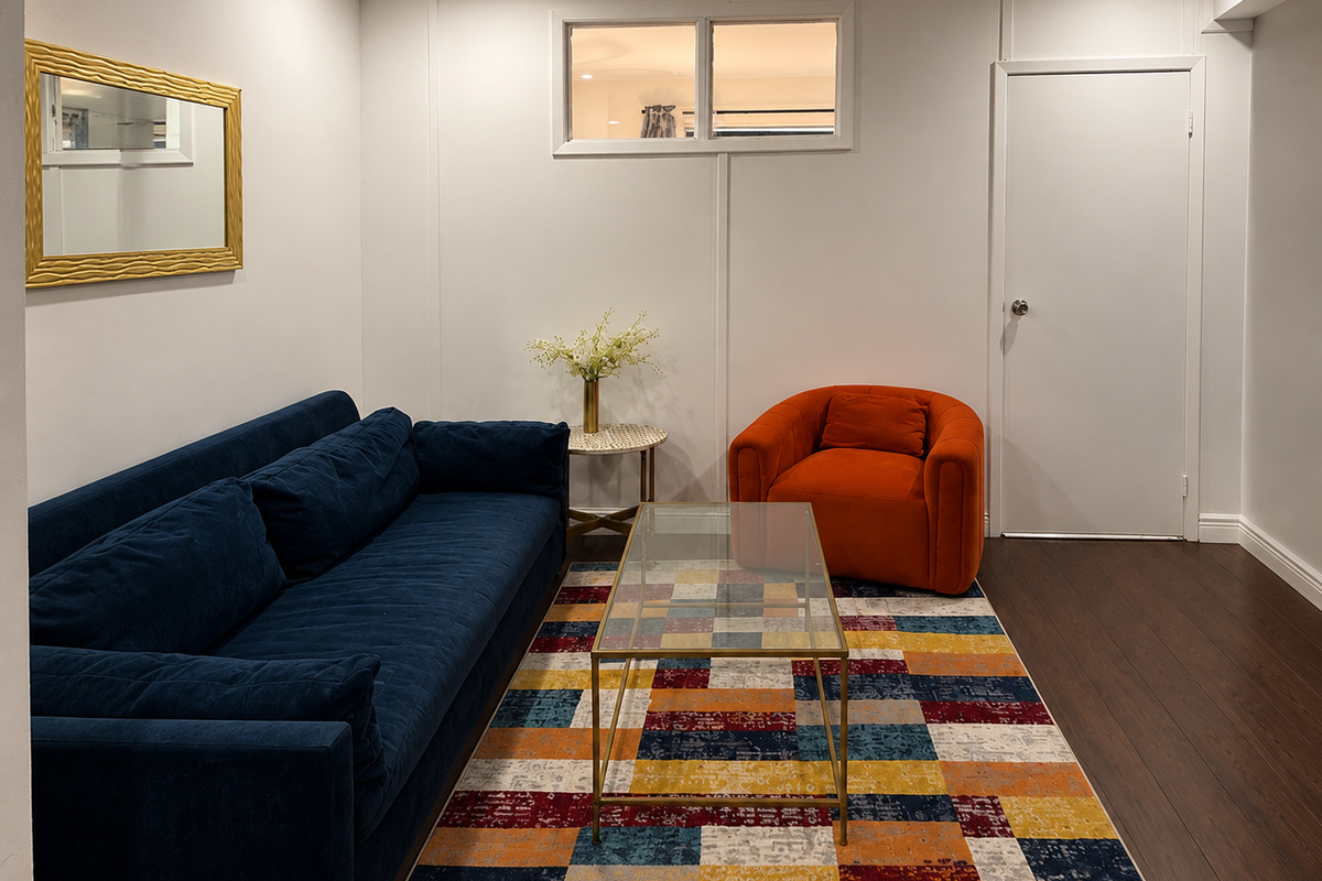 Living room with velvet sofa and vibrant area rug — 2-bedroom vacation rental in Little Italy, New York City