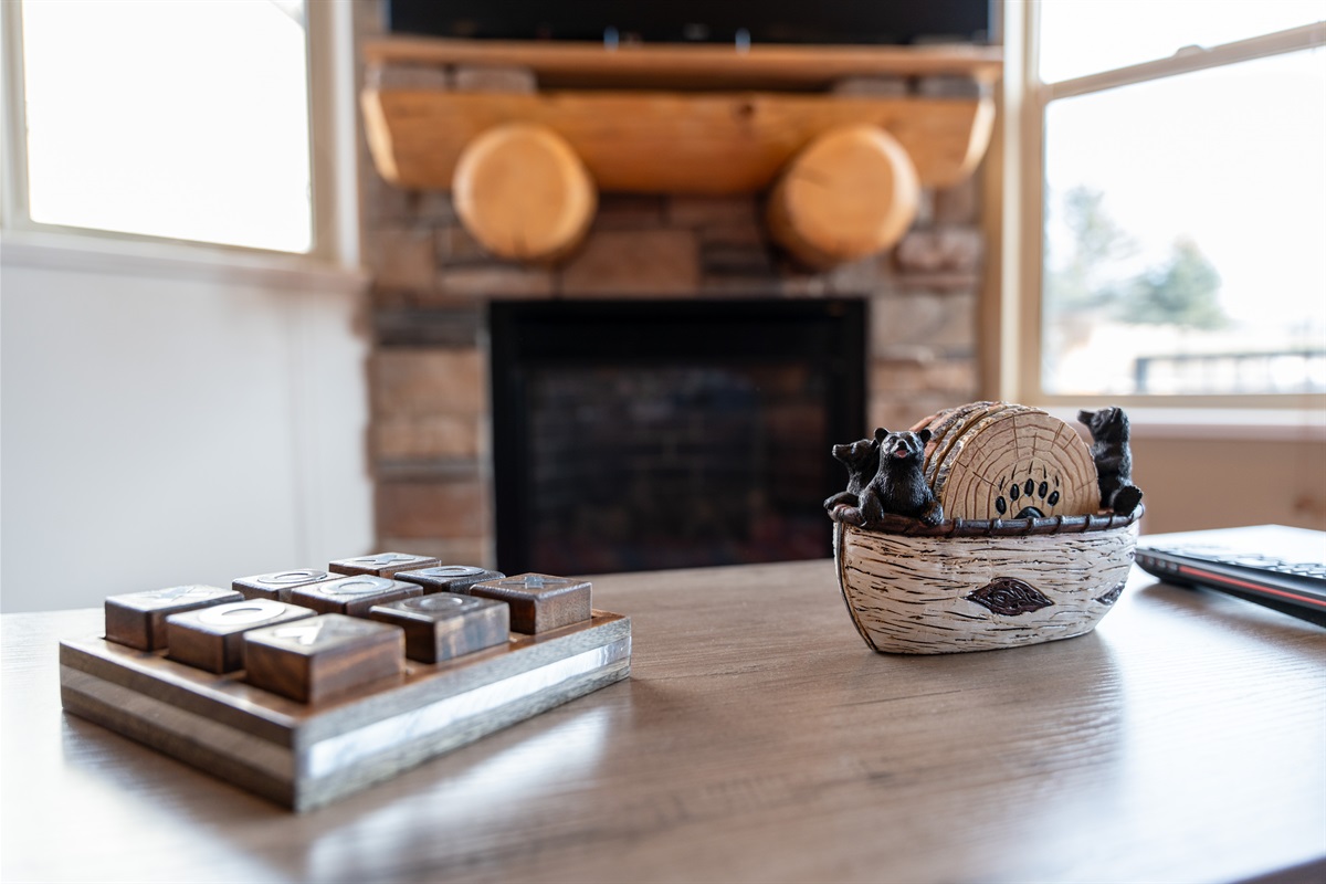 Crackling fireplace sets the mood for snowy nights and chilly evenings.