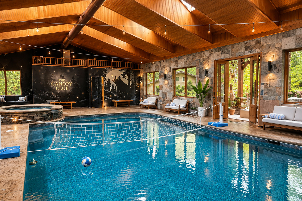 {The Canopy Club} Your private indoor pool retreat, complete with pool volleyball, a stone hot tub, cozy lounge seating, and a dramatic forest-inspired backdrop—ready for year-round fun, rain or shine.