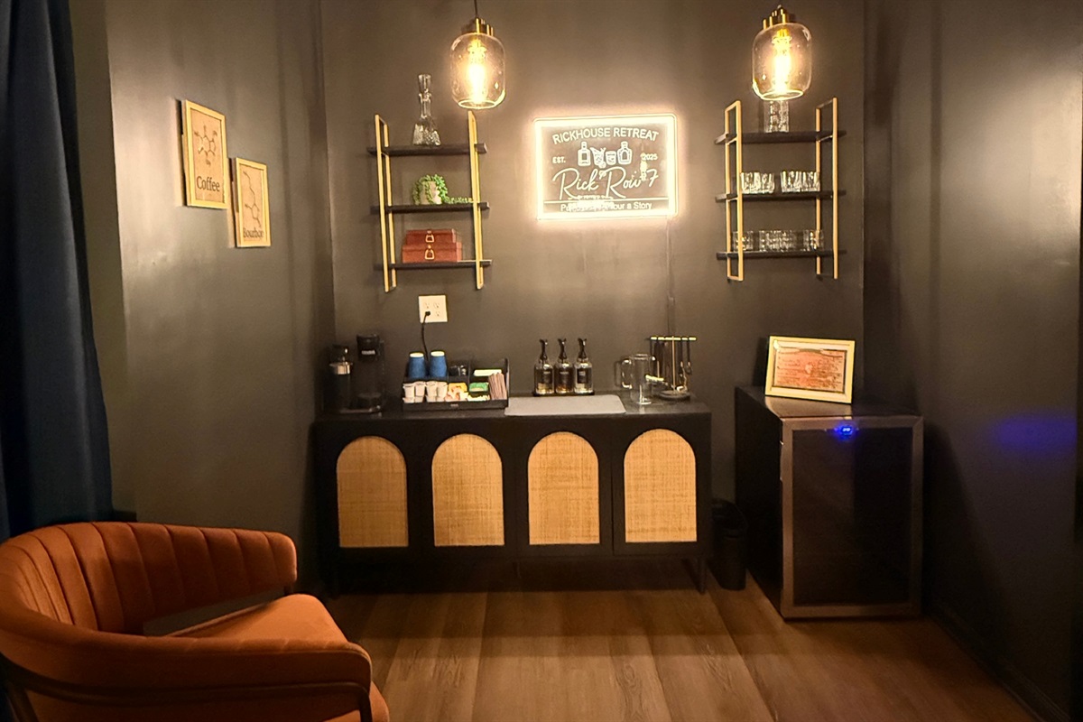 Rick Row 7: Pull a barrel, pour a story — with your favorite drink chilled in the beverage fridge below, from bourbon flights to sparkling water or a soothing cup of tea, the spirit of Kentucky lives right here underground.