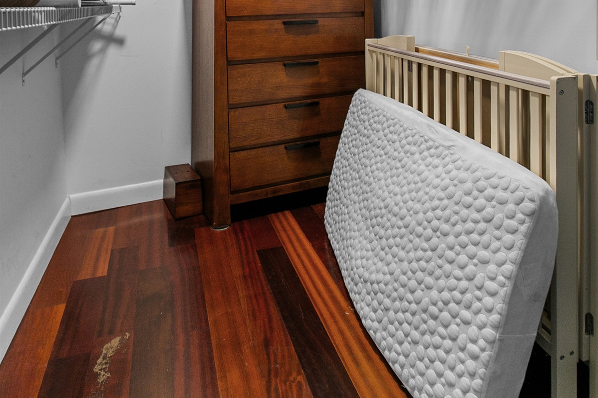 Primary walk in closet with storage and full size crib