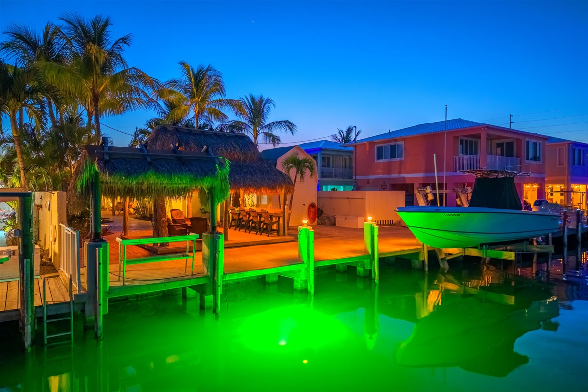 Underwater lights bring fish into the dock in the canal at night.