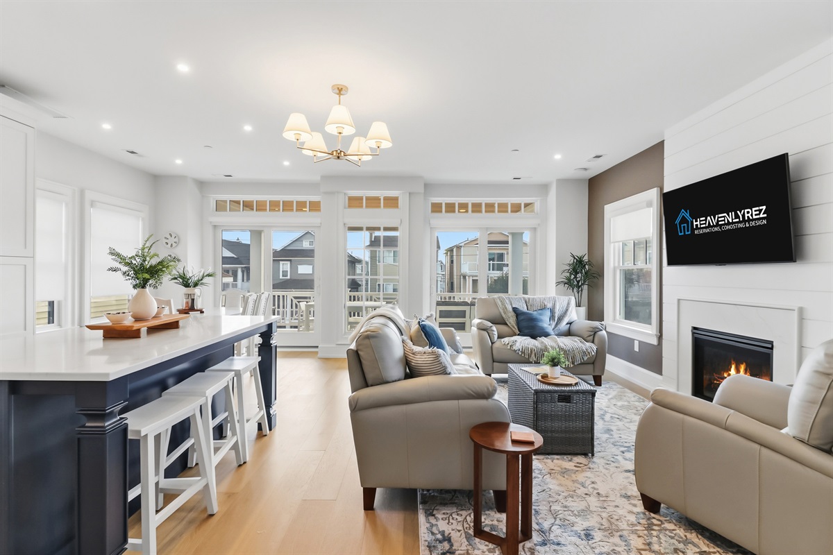 View of the living room area and kitchen
