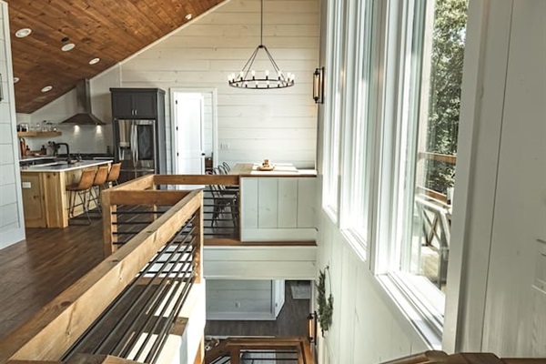 Stairs down to the second level