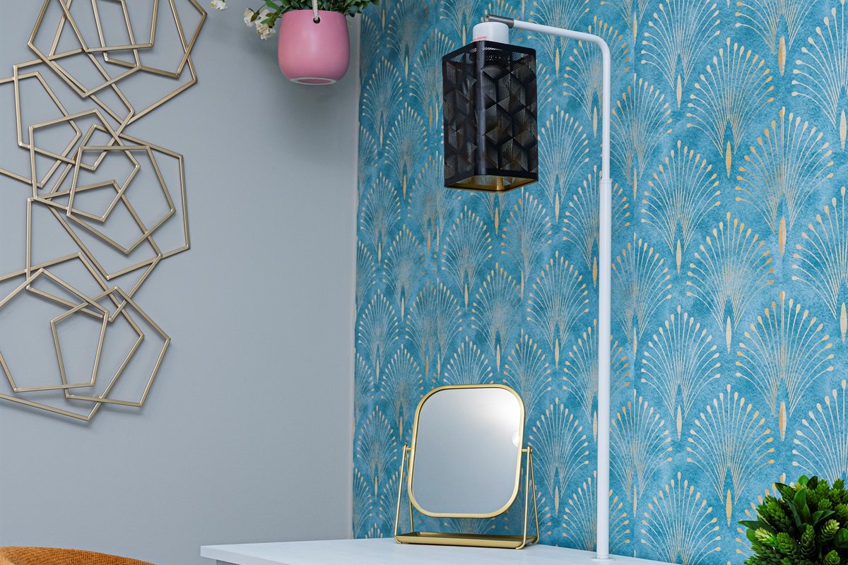 Chic workspace with Art Deco flair — perfect for catching up on emails or getting ready for a night out