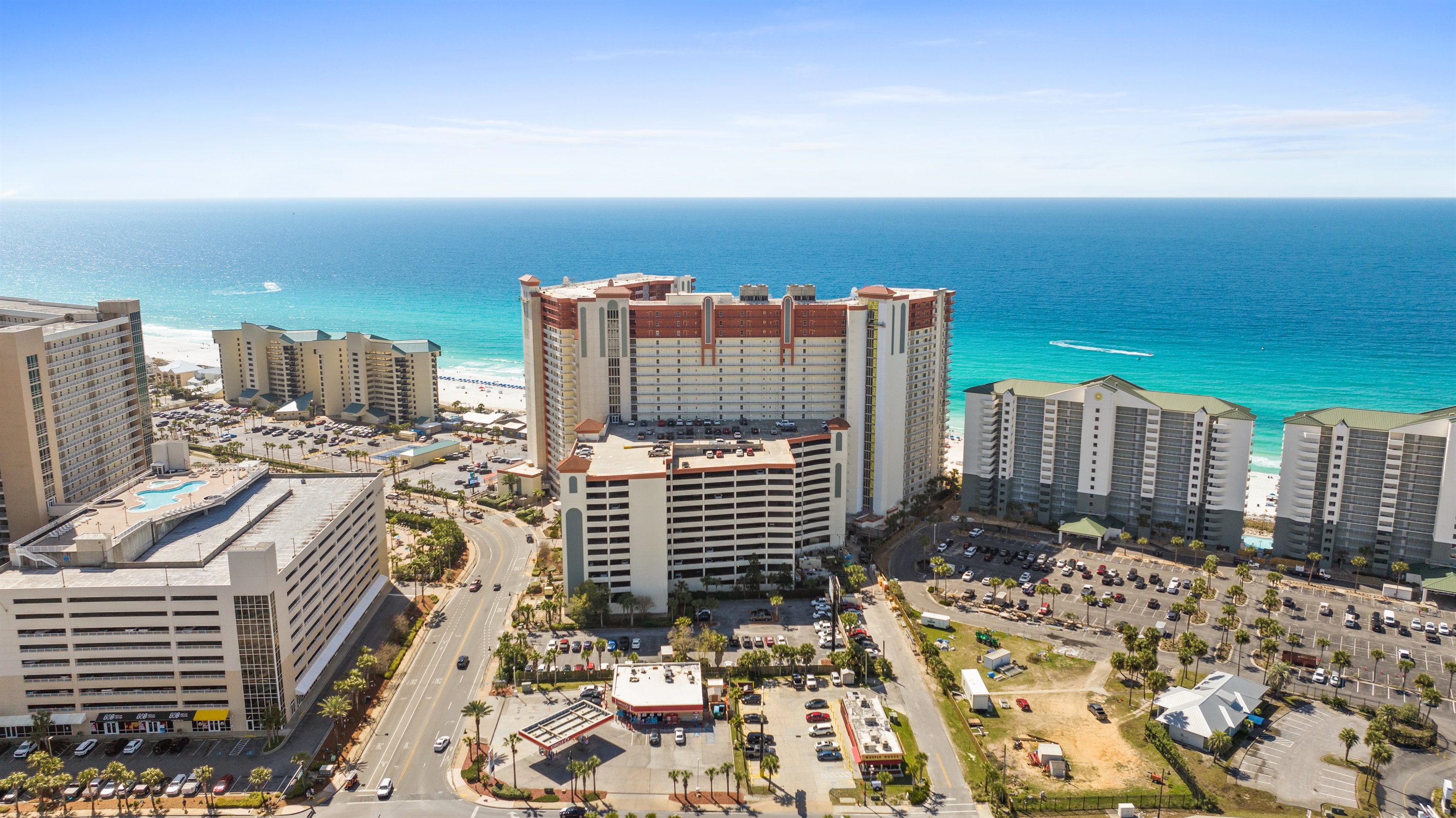 A cool drone shot of where Shores is located on the strip. You can see the Circle K and Waffle House in the foreground.