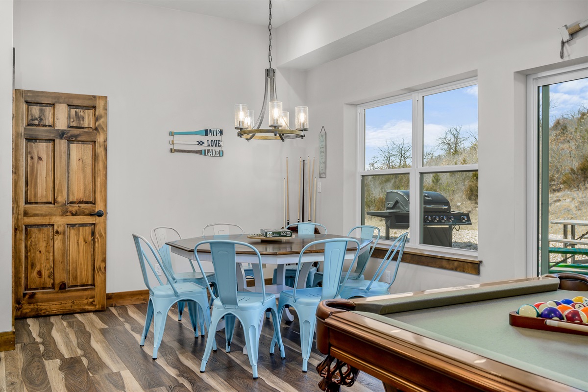 Seating for dining or game play on the lower level