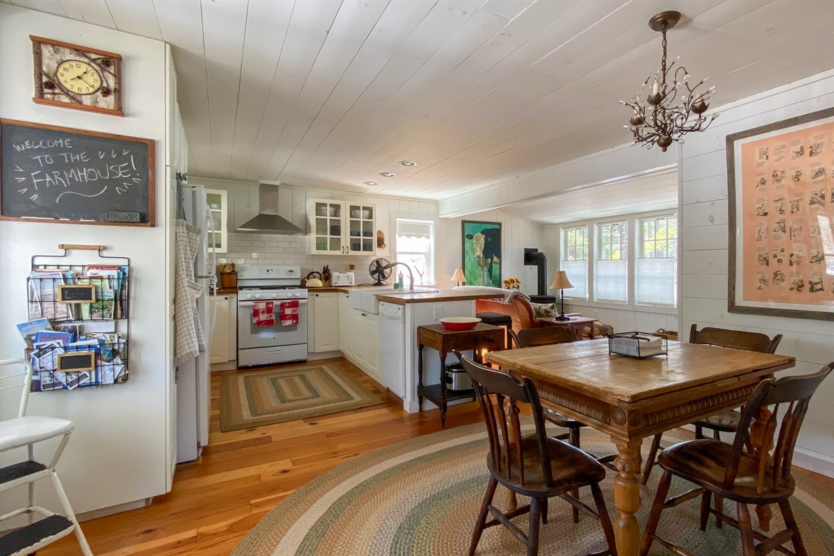 Open Dining, Kitchen, Sitting area with Fireplace