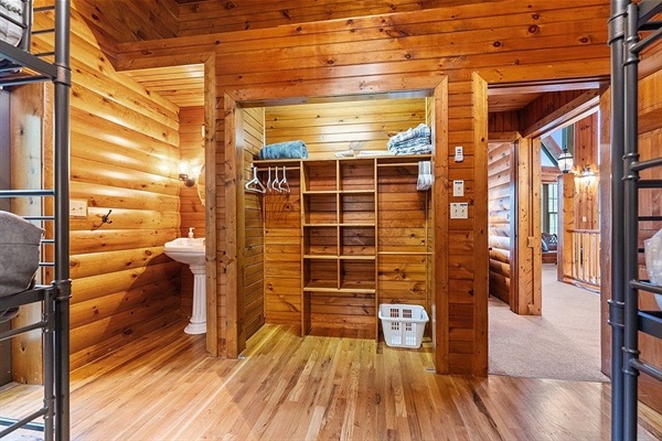 Bunk room's private sink and closet storage