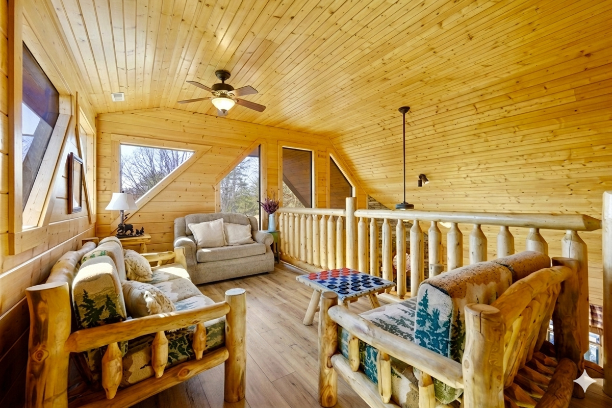 Perched high above the treetops, this cozy loft invites you to unwind with a good book or a friendly game. Soft light filters through the windows, creating a peaceful mountain retreat for everyone to gather.