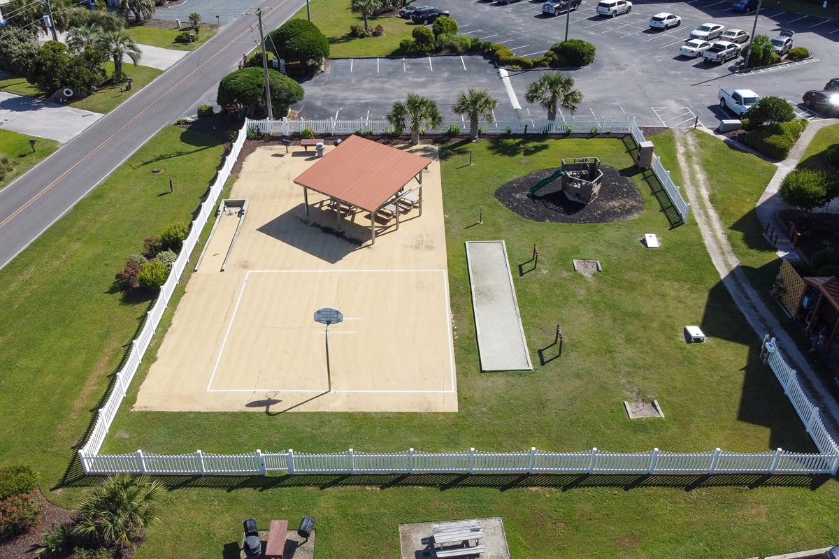 Outdoor seating and playground area