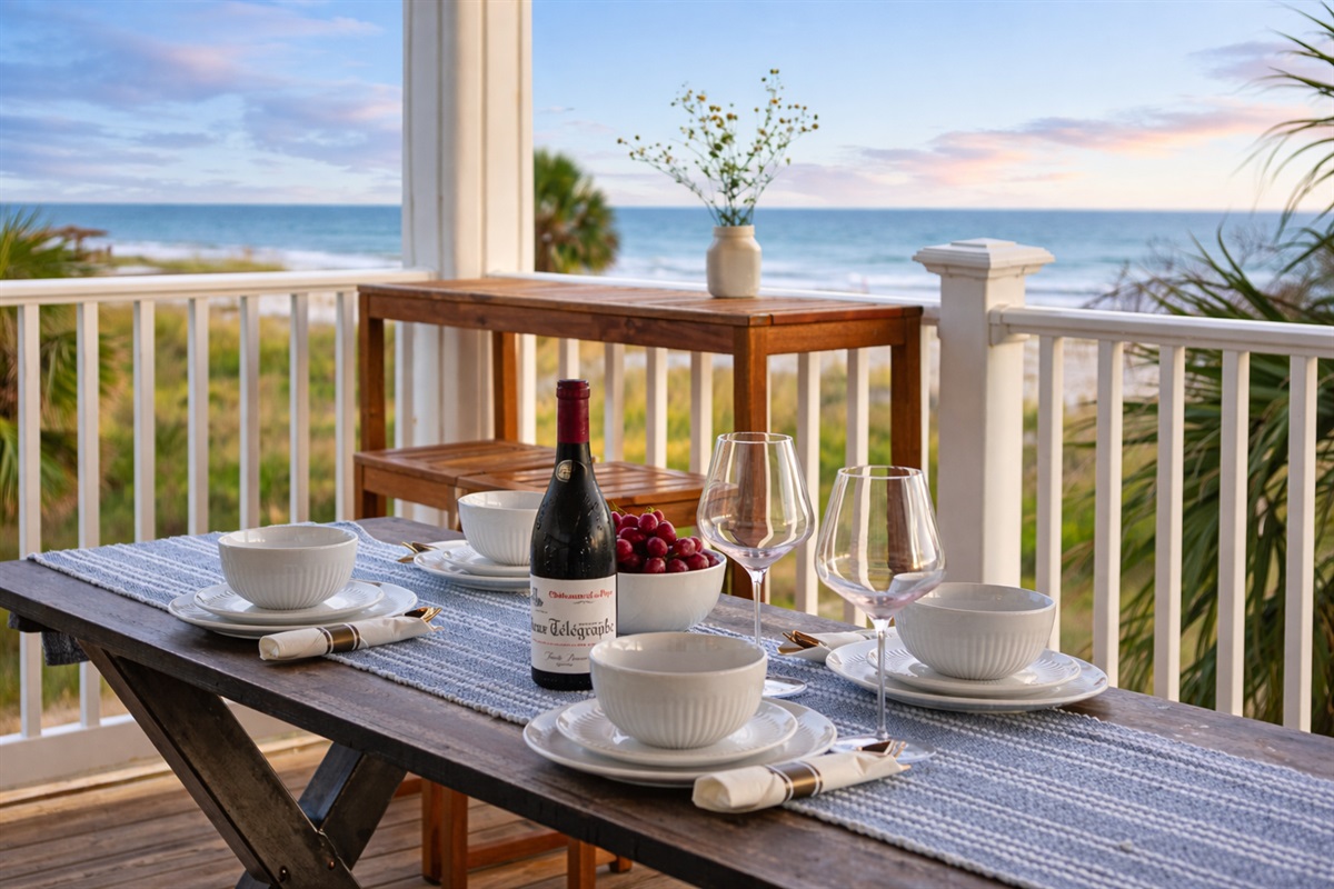 Take meals outside onto the balcony, where ocean breezes and sunset skies create an easy, unforgettable setting